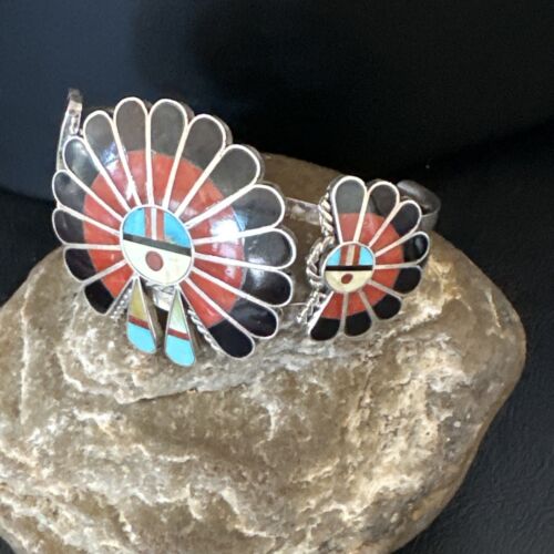 Zuni Blue Turquoise Coral Sunface Cuff Bracelet | Sterling Silver Inlay | Authentic Native American Handmade | 15059