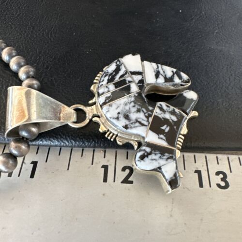 Navajo White Buffalo Turquoise Bear Inlay Pendant Necklace | Sterling Silver | Native American Handmade | 15247