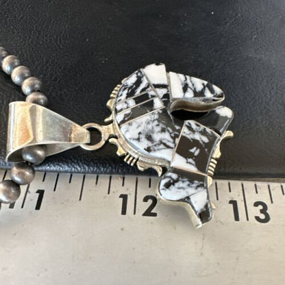 Navajo White Buffalo Turquoise Bear Inlay Pendant Necklace | Sterling Silver | Native American Handmade | 15247