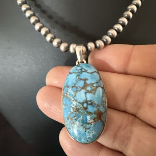 Navajo Blue Spiderweb Turquoise Pendant Necklace | Sterling Silver | Authentic Native American Handmade | 17028