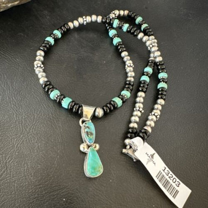 Navajo Men's Blue Turquoise Pendant with Pearls | Sterling Silver Onyx Necklace | Native American Handmade | 13203