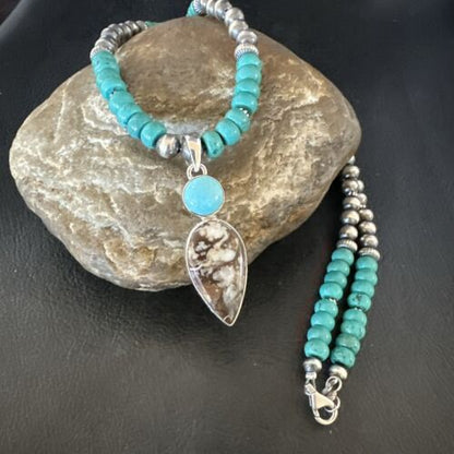 Navajo Wild Horse | Blue Kingman Turquoise Pendant Necklace | Sterling Silver | Authentic Native American Handmade | 17574