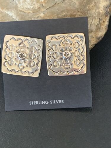 Navajo Stamped Square Earrings | Sterling Silver | Authentic Native American Handmade | 1199