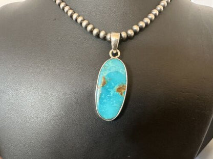 Navajo Blue Kingman Turquoise Pendant Necklace | Sterling Silver | 20" | Authentic Native American Handmade | 16686