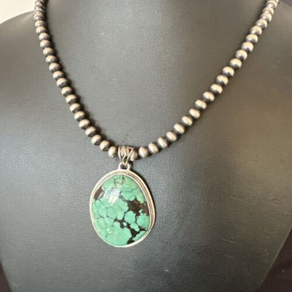Men's Navajo Blue Spiderweb Turquoise Pendant Necklace | Sterling Silver | Native American Handmade | 16272