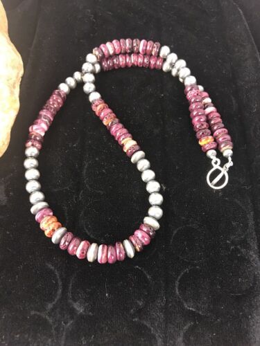 Navajo Pearls Necklace | Sterling Silver Purple Spiny Oyster Beads 8mm | Authentic Native American Handmade | 15956