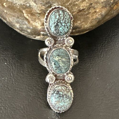 Navajo Blue Spiderweb Turquoise Multi-Stone Ring | Authentic Native American Sterling Silver | Sz 9 | 16707