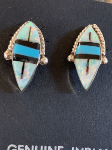 Navajo Turquoise White Opal Onyx Inlay Earrings | Sterling Silver | Authentic Native American Handmade | 13050