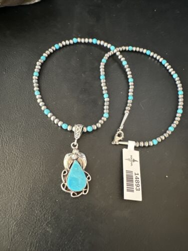Navajo Pearls Kingman Turquoise Pendant Necklace | Sterling Silver | Authentic Native American Handmade | 14893