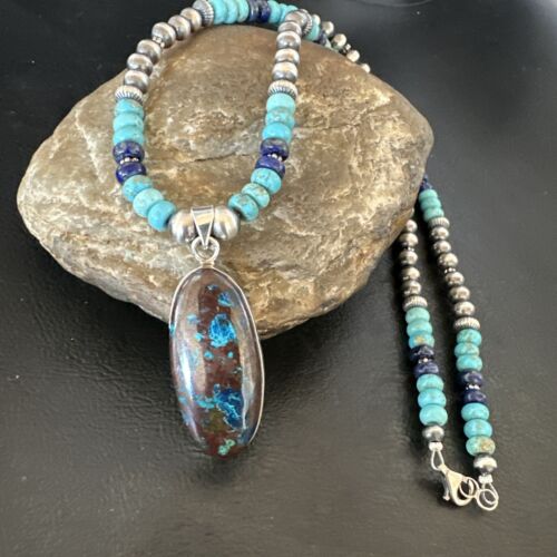 Navajo Blue Turquoise Jasper Lapis Inaly Pendant Necklace | Sterling Silver | 16926