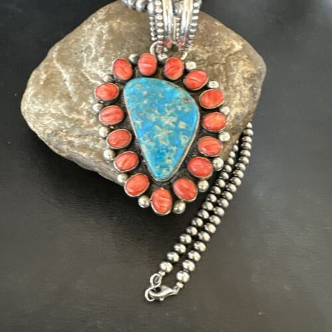 Turquoise Spiny Oyster Cluster Pendant Navajo Sterling Silver Necklace 17151