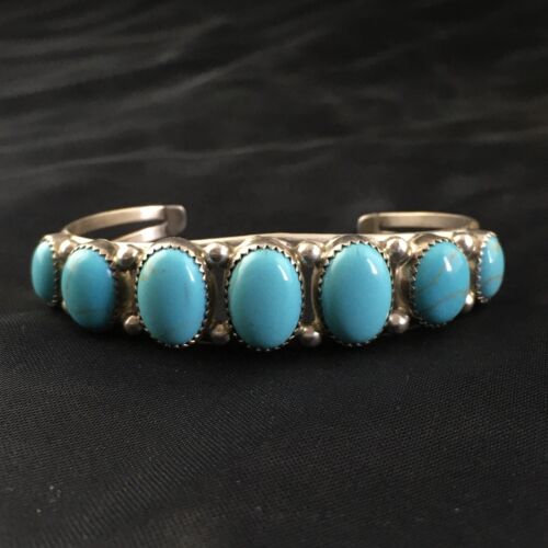 Navajo Sterling Silver Bracelet | Kingman Turquoise | Multi-Stone 7-Stone | Authentic Native American Handmade