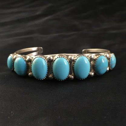 Navajo Sterling Silver Bracelet | Kingman Turquoise | Multi-Stone 7-Stone | Authentic Native American Handmade