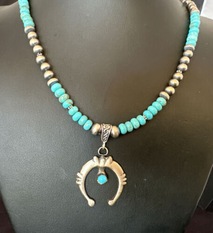 Navajo Blue Turquoise Naja Pendant Necklace | Sterling Silver | Authentic Native American Handmade | 17250 - Masha USA