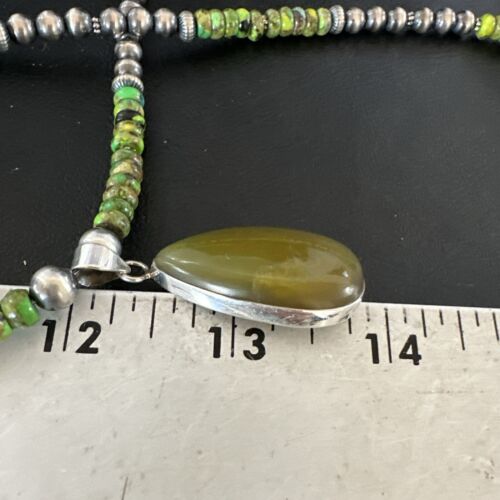 Navajo Green Turquoise Pendant with Pearls | Sterling Silver Necklace | Authentic Native American Handmade | 16917