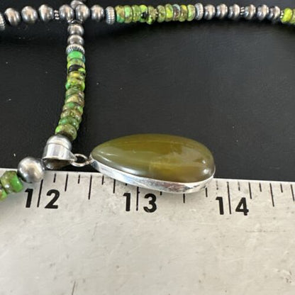 Navajo Green Turquoise Pendant with Pearls | Sterling Silver Necklace | Authentic Native American Handmade | 16917
