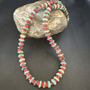 Navajo Green Turquoise and Round Coral Necklace | Sterling Silver | 18" | Authentic Native American Handmade | 17580