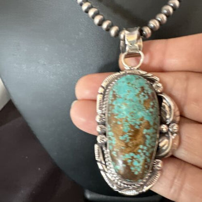 Navajo Blue Turquoise #8 Pendant | Sterling Silver Necklace with Pearls | Authentic Native American Handmade | 15903