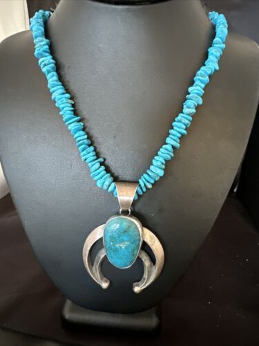 Navajo Blue Kingman Turquoise Naja Pendant Necklace | Sterling Silver | 26" | Authentic Native American Handmade | 16065
