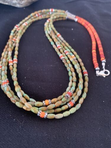 Navajo Sterling Silver Graduated Turquoise Spiny Bead Necklace | 3 Strand | Authentic Native American Handmade | 00577