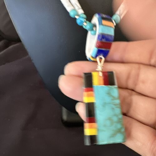 Santo Domingo Multi-Color Turquoise Necklace with Inlay Pendant | Sterling Silver | 24" | 16857 - Masha USA