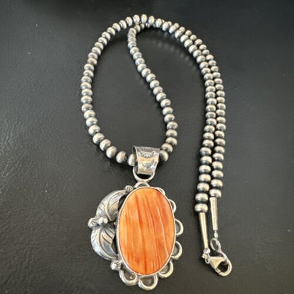 Navajo Orange Spiny Oyster Pendant Necklace | Sterling Silver | Authentic Native American Handmade | 15628