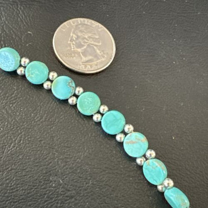 Women's Blue Turquoise Bead Bracelet | Southwestern Sterling Silver Link | 8" | 17498