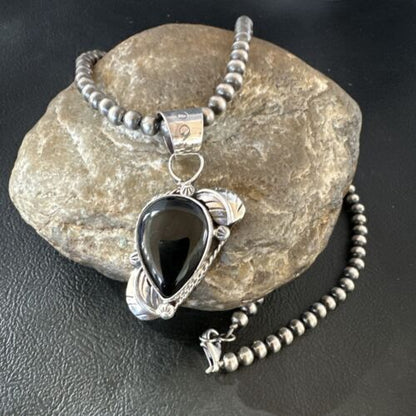 Navajo Pearls Black Onyx Necklace Pendant | Sterling Silver | Authentic Native American Handmade | 16527