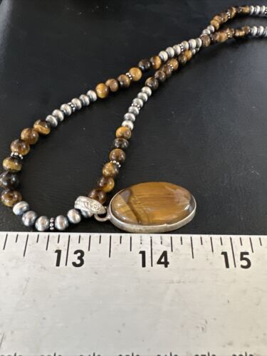 Navajo Coffee Tiger's Eye Pendant Necklace | Sterling Silver | 26" | Authentic Native American Handmade | 14886