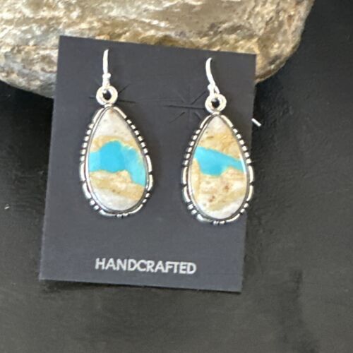 Navajo Blue Boulder Turquoise Dangle Earrings | Sterling Silver | Authentic Native American Handmade | 16503