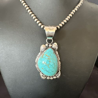 Navajo Men's Blue Kingman Turquoise Pendant Necklace | Sterling Silver | Authentic Native American Handmade | 17477