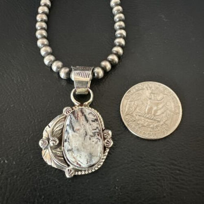 Men's White Buffalo Turquoise Pendant Necklace | Navajo Pearls | Sterling Silver | Native American Handmade | 17334