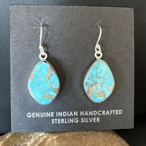 Navajo Blue Turquoise Dangle Earrings | Sterling Silver | 1" | Authentic Native American Handmade | 15806 - Masha USA