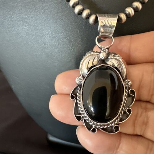 Native American Men's Pendant | Navajo Pearls | Sterling Silver Black Onyx Necklace | 16128