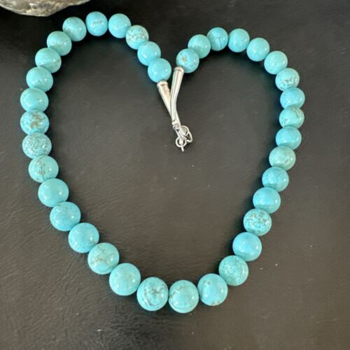 Navajo Blue Robin's Egg Turquoise Necklace | Sterling Silver | 18" | 10mm | Authentic Native American Handmade | 17348