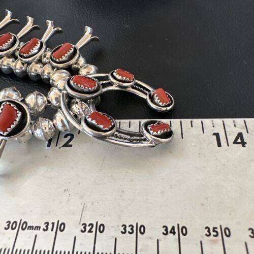 Navajo Red Coral Shadowbox Squash Blossom Necklace | Sterling Silver | 17" | Authentic Native American Handmade | 16118
