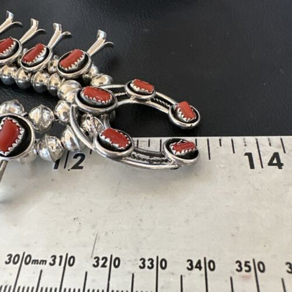 Navajo Red Coral Shadowbox Squash Blossom Necklace | Sterling Silver | 17" | Authentic Native American Handmade | 16118