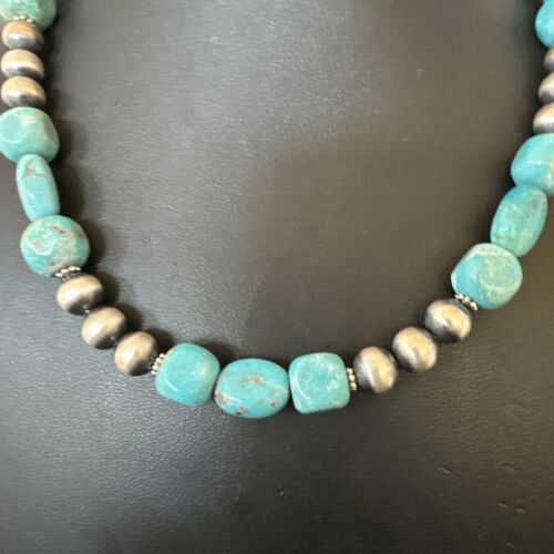 Navajo Blue Turquoise Nugget Necklace | Sterling Silver Pearls | Authentic Native American Handmade | 16" | 16655