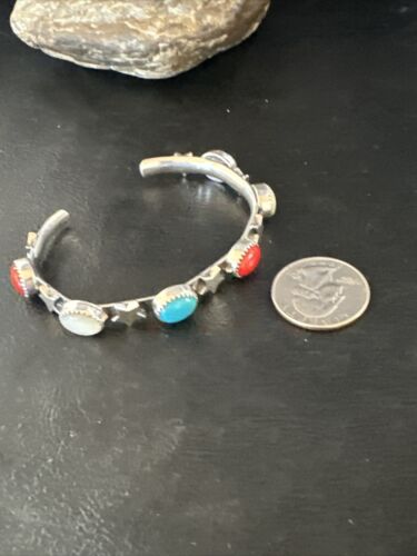 Fourth July Blue Turquoise Coral Mother Of Pearl Navajo Sterling Silver Cuff Bracelet 15338