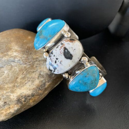 Navajo Kingman White Buffalo Turquoise Row Cuff Bracelet | Sterling Silver | Authentic Native American Handmade