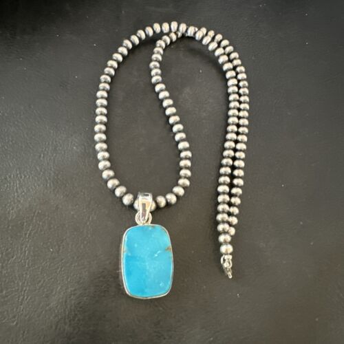 Navajo Blue Kingman Turquoise Pendant Necklace | Sterling Silver | 20" | Authentic Native American Handmade | 16998