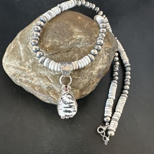 Navajo White Buffalo Turquoise Pendant Necklace | Sterling Silver | Authentic Native American Handmade | 17349