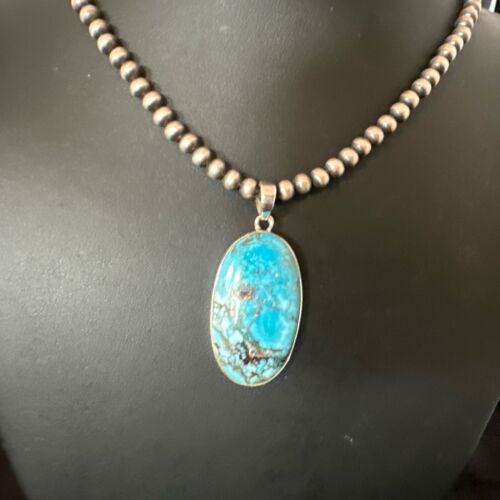 Navajo Blue Spiderweb Turquoise Pendant Necklace | Sterling Silver | Authentic Native American Handmade | 17023