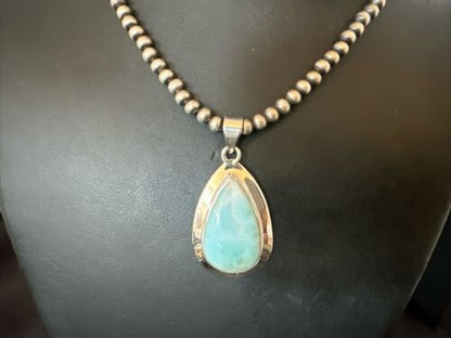 Navajo Blue Larimar Pendant Necklace | Sterling Silver Beads | Authentic Native American Handmade | 17566