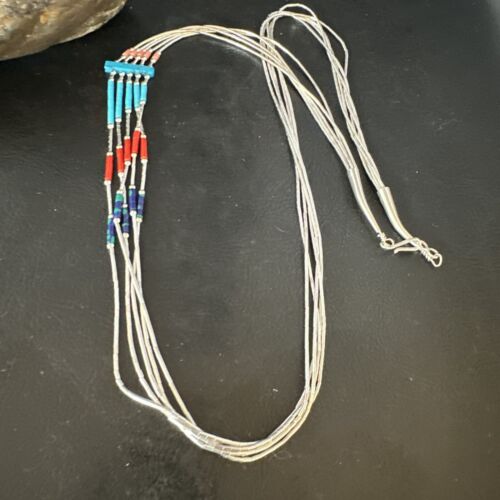 Multi-Color Liquid Silver Heishi 5-Strand Necklace | Sterling Tubes | 25" | 15055