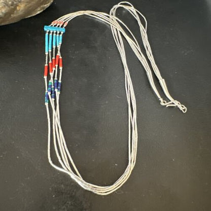 Multi-Color Liquid Silver Heishi 5-Strand Necklace | Sterling Tubes | 25" | 15055