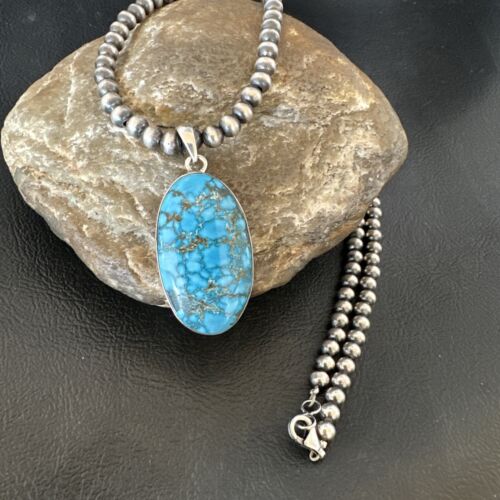 Men's Navajo Blue Spiderweb Turquoise Pendant Necklace | Sterling Silver | Authentic Native American Handmade | 16301