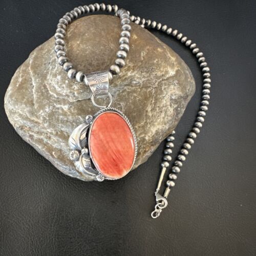 Navajo Red Spiny Oyster Pendant Necklace | Sterling Silver | Authentic Native American Handmade | 15633