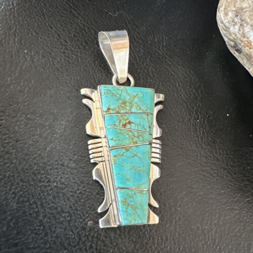 Navajo Blue #8 Turquoise Inlay Pendant | Sterling Silver | 2" | Authentic Native American Handmade | 15685