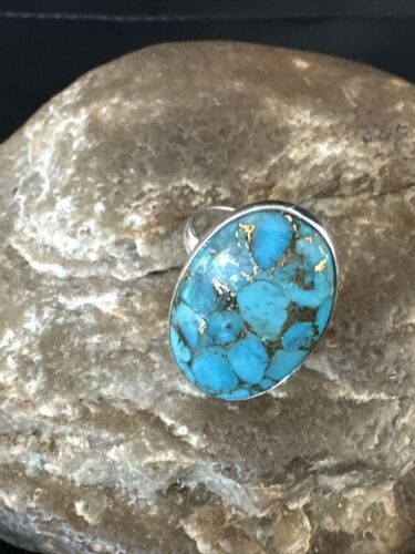 Navajo Blue Mojave Turquoise Ring | Sterling Silver | Adjustable Sz 8 | Authentic Native American Handmade | 15714